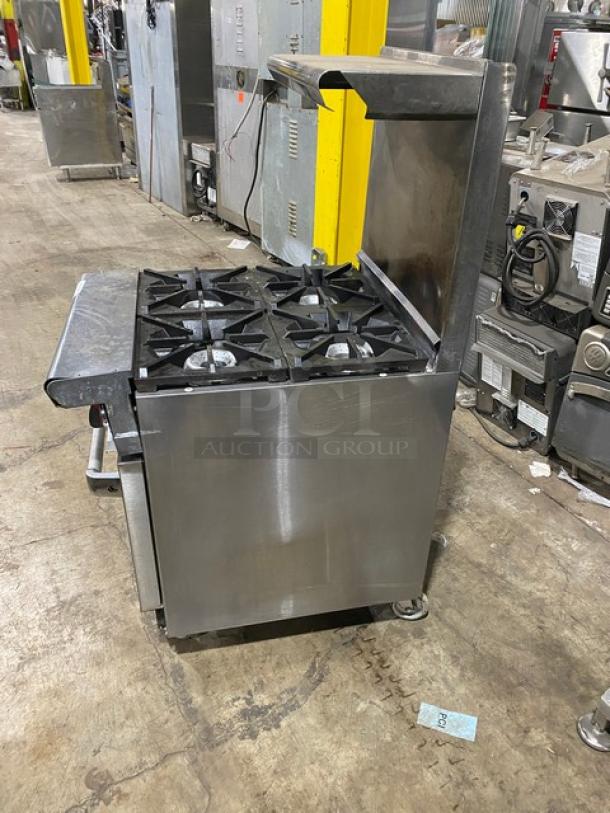 American Range commercial stainless steel 4-burner range/oven combo with backsplash and overhead salamander shelf. On casters.