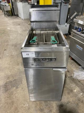 American Range stainless steel natural gas deep fat fryer with back splash, basket hanger, and fry basket; on legs; used condition.