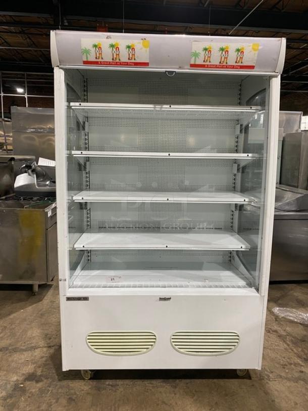 Beverage Air MB13US refrigerated white display case, 5-tier, open front, 115V, 1-phase, serial number 82300210, on wheels.