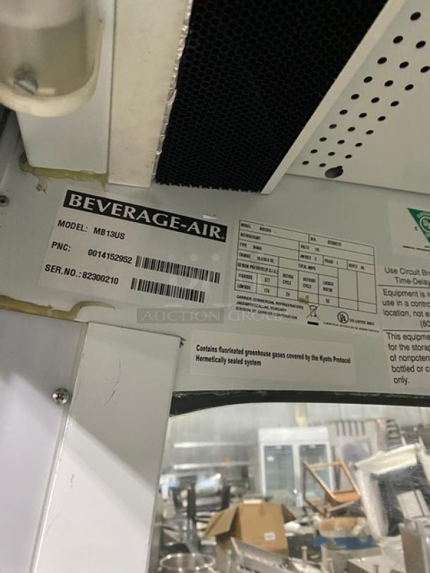 Beverage Air MB13US commercial refrigerated display case, 5-tier, white, Model MB13US, SN 82300210, 115V, 1 Phase.