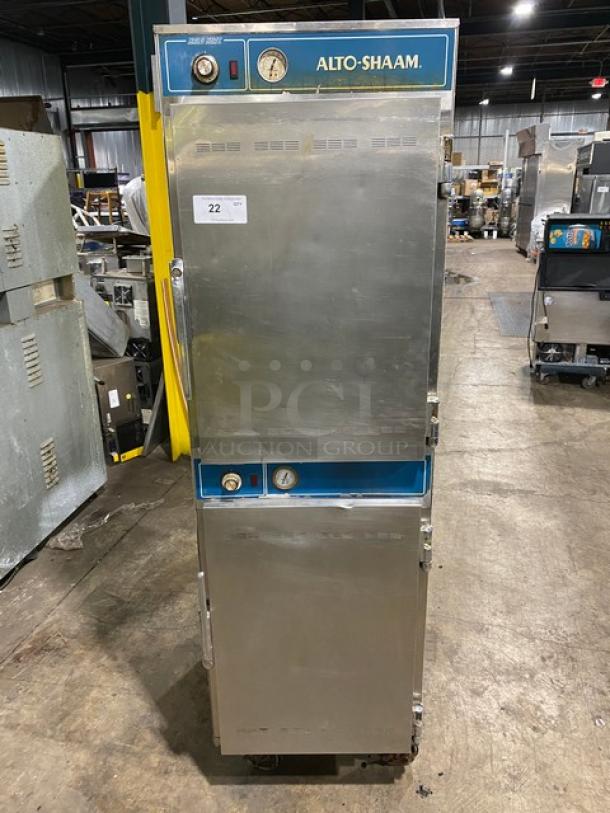 Alto-Shaam 1000-41P full-height stainless steel cook & hold oven, electric-powered, with built-in pan slides, on casters.