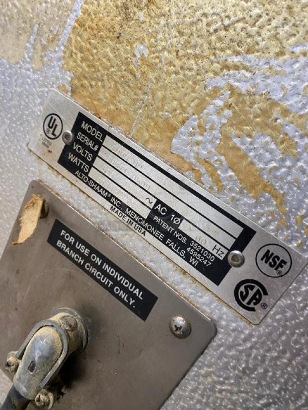 Alto-Shaam Model 100041P tag, showing UL, NSF, and CSA certifications, 125V, SN: 88371-0599, Made in USA.