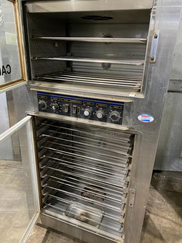 Nu-Vu SUB123 stainless steel convection oven/proofer combo with wired racks, 208V 3 phase, on casters, SN: 00351302070400010001.