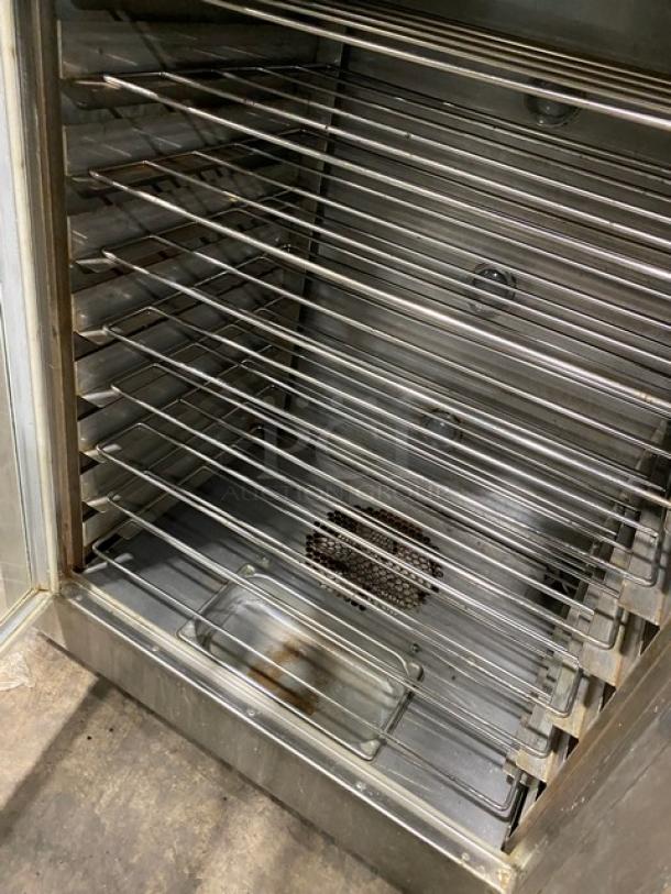 Nu-Vu SUB123 stainless steel convection oven/proofer combo with wired racks, 208V 3 phase, on casters, model SN: 00351302070400010001.