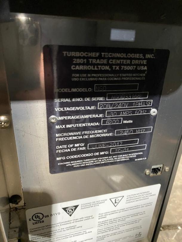TurboChef NGO commercial rapid cook oven tag showing model NGO, SN NGOD33168, 208/240V, 1 phase, 6200W, made June 2017.