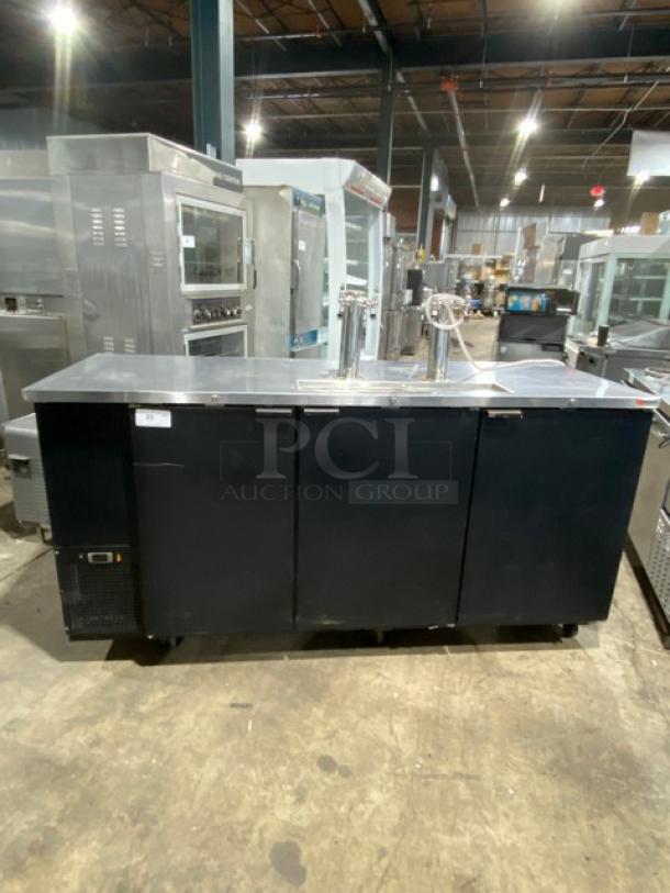 Micro Matic MDD-78 black 3-door refrigerated kegerator, double-tap towers, on casters, 115V, 1 phase, SN: 14090939M.