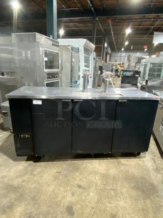 Micro Matic MDD-78 black 3-door refrigerated kegerator, double-tap towers, on casters, 115V, 1 phase, SN: 14090939M.