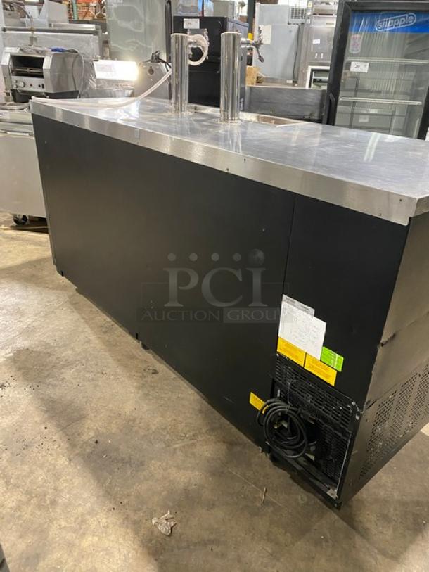 Micro Matic MDD-78 black 3-door refrigerated kegerator with 2 double-tap tower dispensers, on casters, 115V, 1 phase.