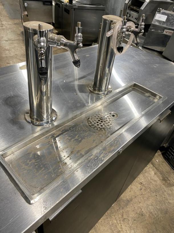 Micro Matic MDD-78 3-door kegerator, dual double-tap towers, stainless steel, on casters, 115V, commercial use.