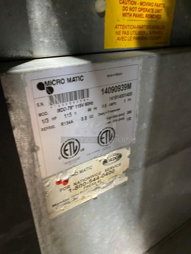 Micro Matic MDD-78 kegerator label showing model, SN: 14090939M, voltage 115V, single-phase.