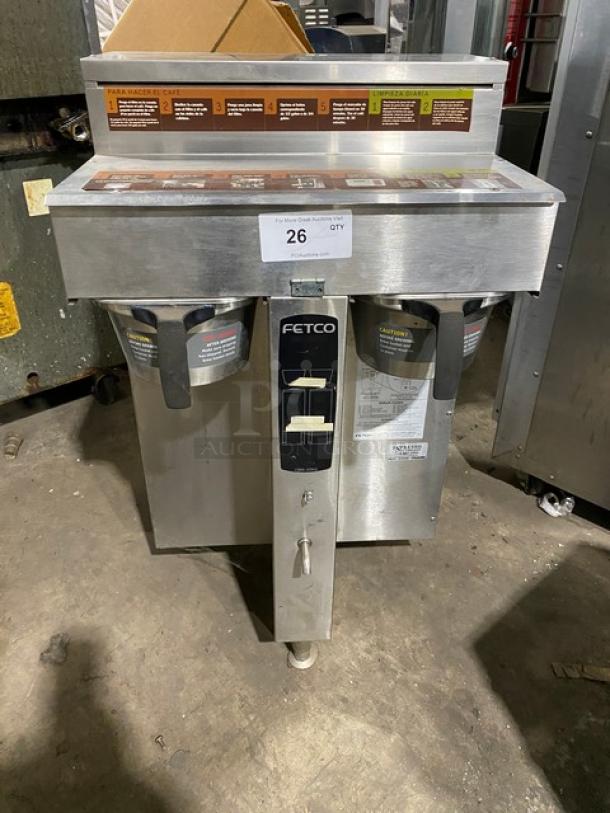 Fetco CBS-2052 stainless steel commercial coffee machine on legs, electric powered, 120/208/240V, clear control panel.