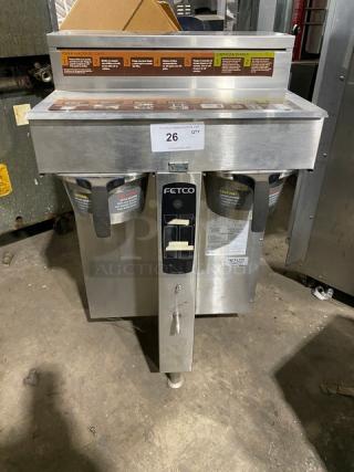 Fetco CBS-2052 stainless steel commercial coffee machine on legs, electric powered, 120/208/240V, clear control panel.