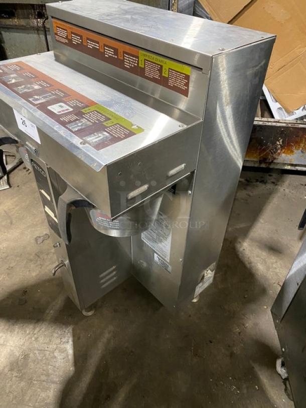 Fetco CBS-2052 countertop coffee machine, stainless steel, electric, 120/208/240V, on legs, visible control panel.