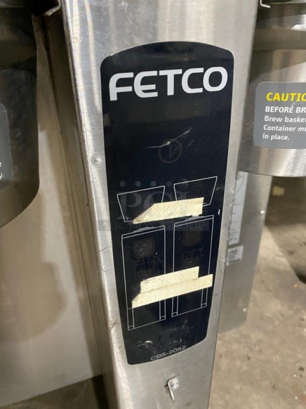 Fetco CBS-2052 stainless steel commercial countertop coffee machine, electric, on legs, 120/208/240V, visible model label.