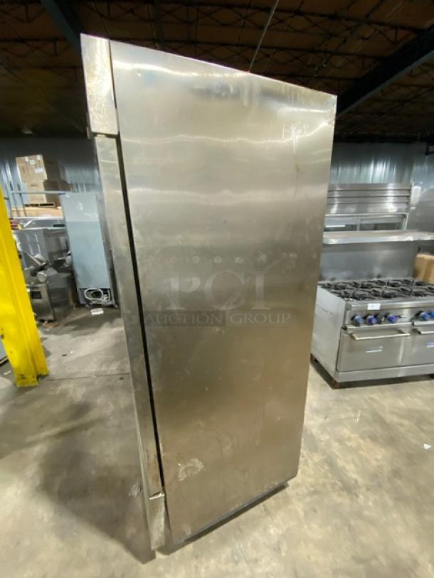 Duker's D55F commercial stainless steel 2-door reach-in freezer with poly-coated wired rack, on casters, 115V, SN: 1098000DUK200803200900777.
