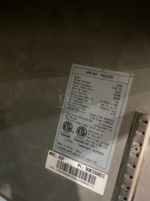 Duker's Commercial Stainless Steel 2 Door Reach-In Freezer, Model D55F, with poly coated rack, 115V, on casters, SN: 1098000DUK200803200900777.