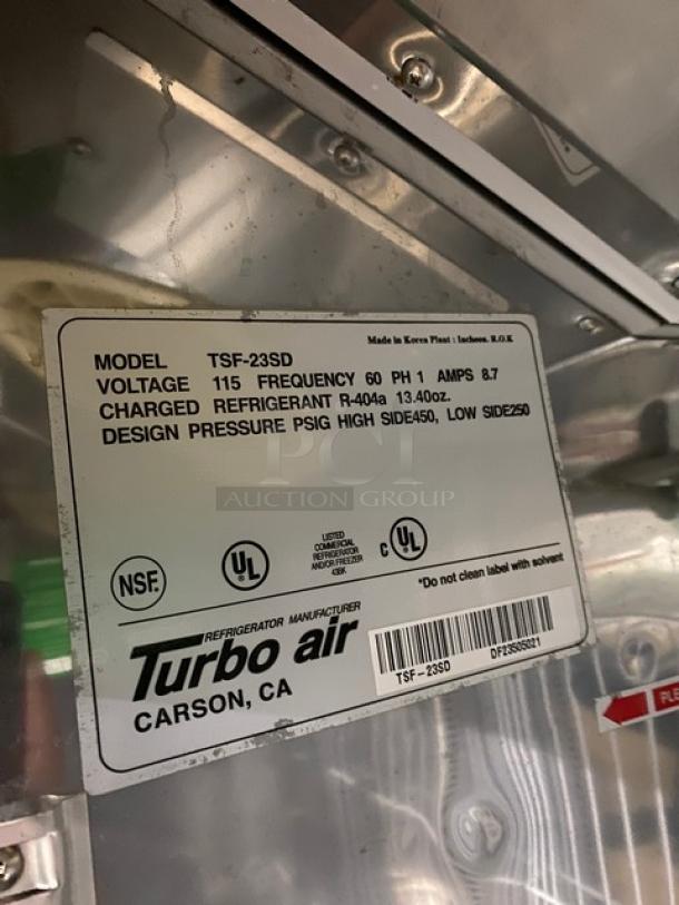 Turbo Air TSF-23SD stainless steel commercial freezer label, showing model, voltage, and safety certifications.
