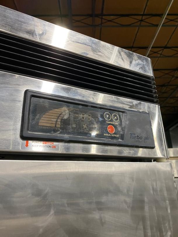 Turbo Air TSF-23SD stainless steel freezer, single door, poly coated rack, digital controls, on casters, model label visible.