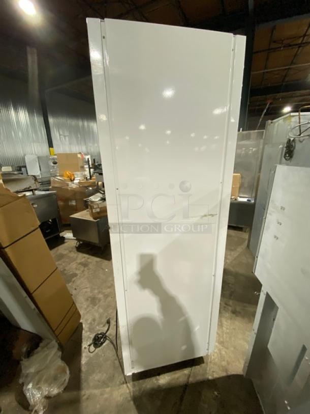 Urban Cultivator Commercial indoor garden, white double glass door, electric-powered, model Commercial 001, 120V, on casters.