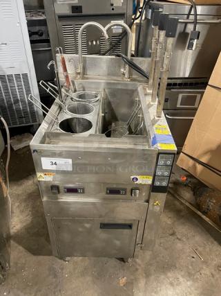 Chineng 2021 commercial stainless steel automatic-lifting pasta cooker, model CN-JC-JLML-6-A-14, with gooseneck faucets and mesh baskets, 220V.