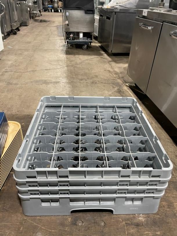 Cambro Camrack Series gray dishwashing rack, model 25S638, with 25 compartments and extenders, in used condition.