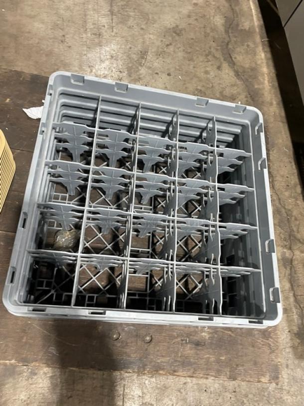 Cambro Camrack 25-compartment dishwashing rack, model 25S638, in gray, with extenders, in good condition.