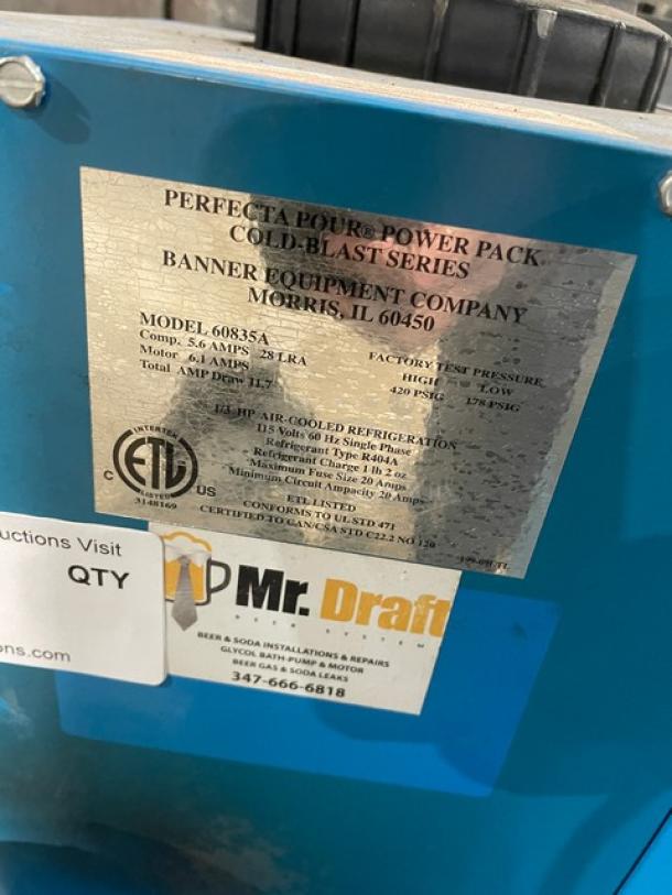 Banner Perfecta Pour Cold-Blast Series Blast Chill Power Pack, Model 60835A, 115V 1 Phase, serial GA117010710, commercial use.