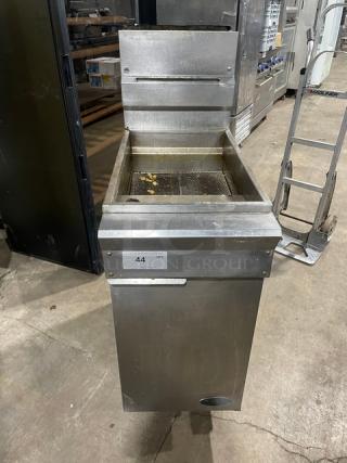 DCS commercial stainless steel gas fryer with back splash and basket hanger, on legs, moderate wear, label marked "44 QTY".