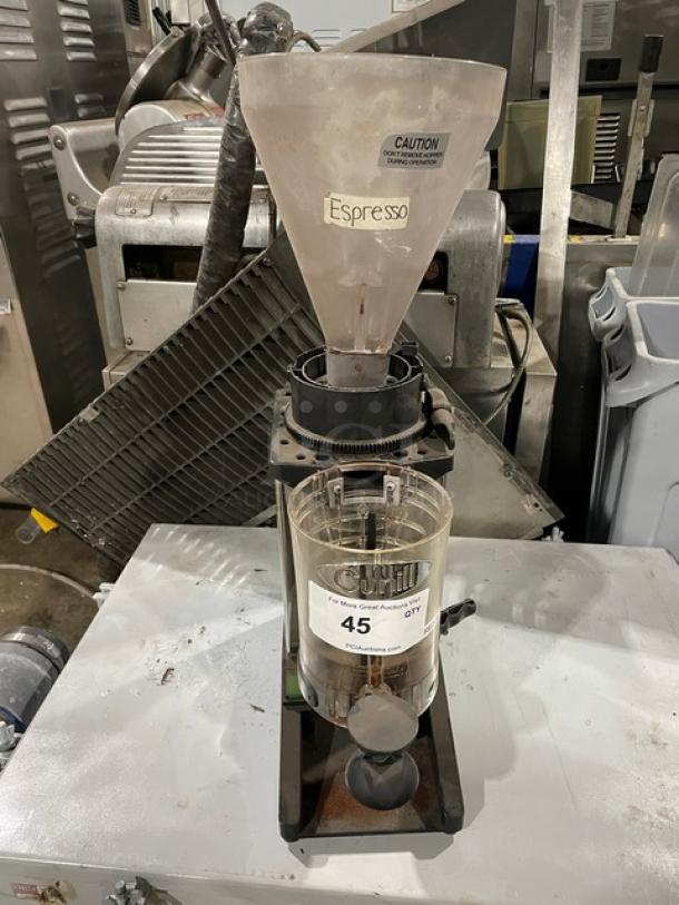 Cunill commercial electric espresso grinder, countertop model, SN: 845239, clear hopper, visible labels, used condition.