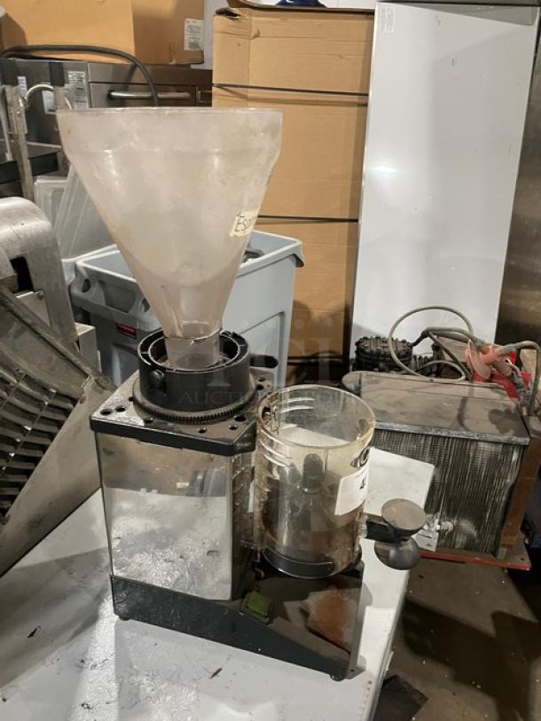 Cunill commercial electric countertop espresso coffee bean grinder in used condition, featuring a large hopper and control panel, SN: 845239.