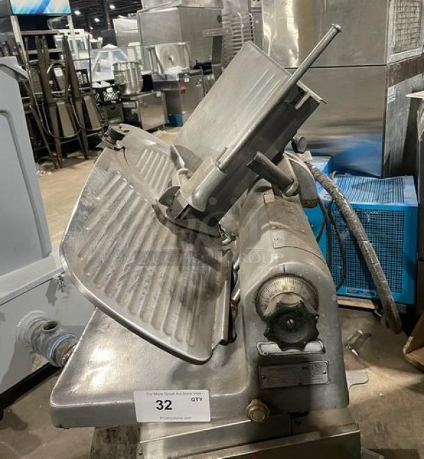Hobart 1612E commercial deli meat slicer, electric-powered, stainless steel, good condition, model 1612E, 115V, for countertop use.