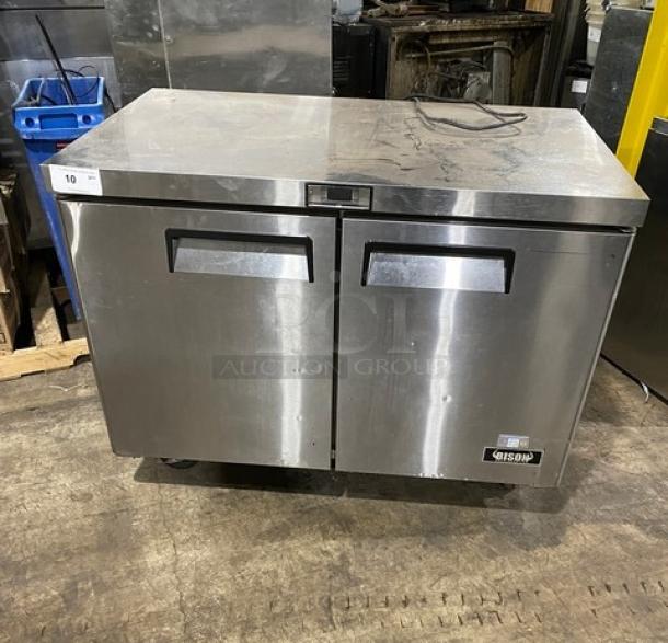 Bison BUR48 stainless steel 2-door undercounter worktop refrigerator on casters, 115V. Visible Bison logo and sturdy construction.