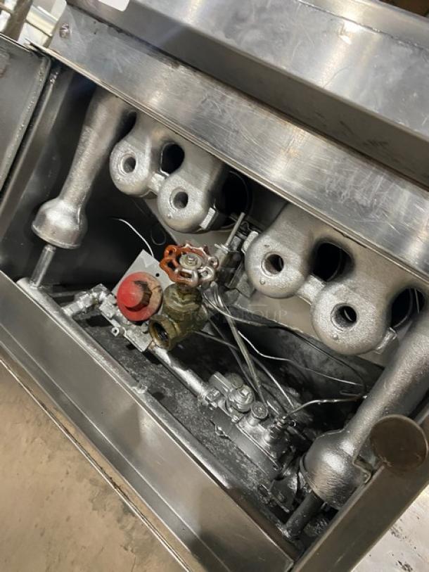 Cecilware commercial stainless steel natural gas fryer, 28 lb. capacity, with backsplash, frying basket, and legs. SN: 054821.