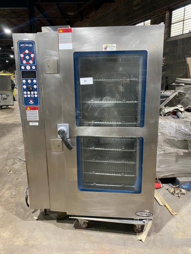 Alto-Shaam Combitherm 20.20ESG stainless steel combi oven, natural gas, wired rack, 20-pan roll-in rack, on legs.