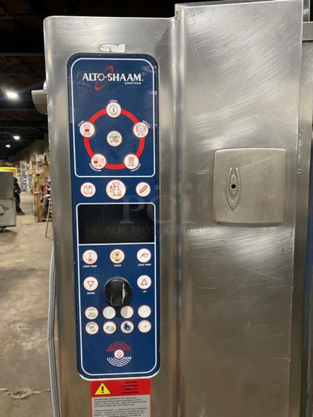 Alto-Shaam Combitherm 2020ESG stainless steel combi oven, control panel detail, natural gas, full height, on legs.