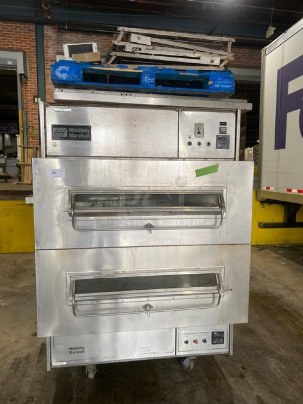 Middleby Marshall PS360S double stacked stainless steel conveyor pizza oven, natural gas, 208-240V, on casters.