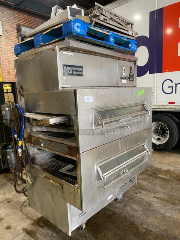 Middleby Marshall PS360S double-stacked stainless steel conveyor pizza oven, natural gas, on casters, 208-240V 1 phase.