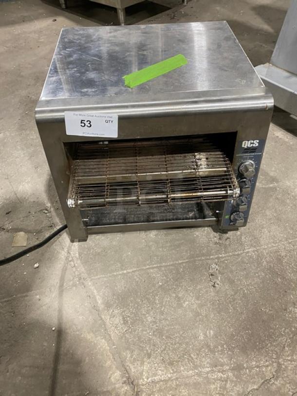 Star QCS Series stainless steel electric countertop conveyor toaster, Model QCS-3-95HC, on legs, 208V, 1 phase, includes labels.
