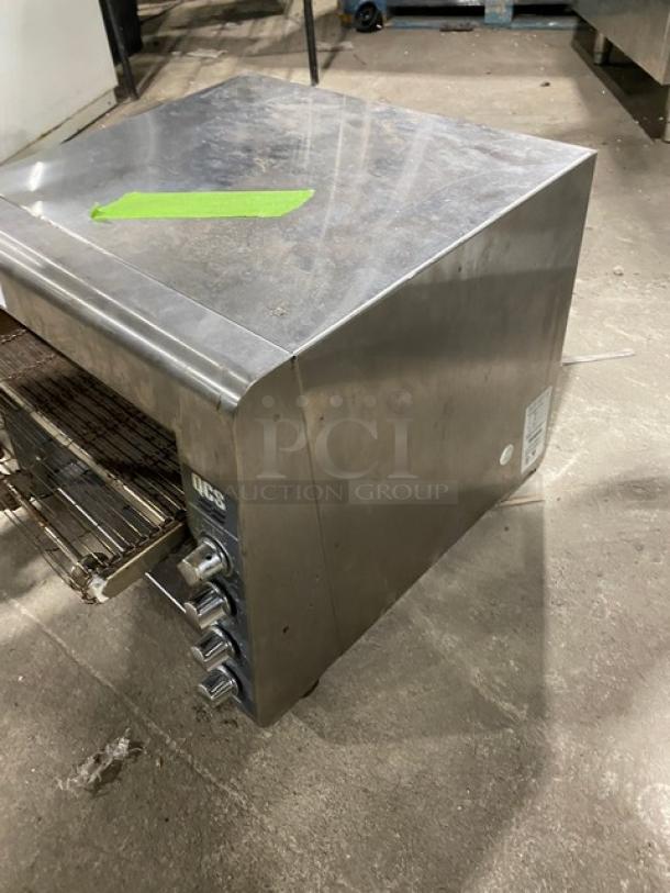 Star QCS Series Commercial Stainless Steel Conveyor Toaster, Model QCS-3-95HC, on legs, 208V, 1 Phase, side knobs visible.