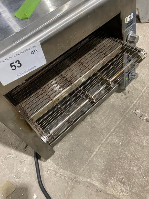 Star QCS-3-95HC electric countertop conveyor toaster in stainless steel, on legs, 208V 1 phase, model and serial numbers visible.
