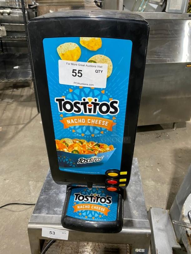 Gold Medal 5300P El Nacho Grande cheese dispenser, black, electric, push button control, Tostitos branding.