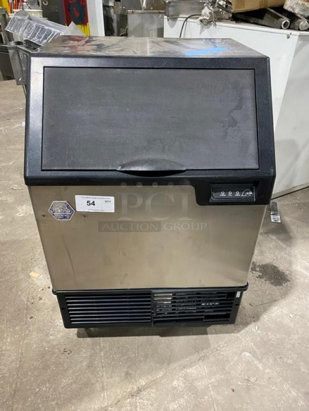 Icetro IU0220AH stainless steel ice maker, air-cooled, undercounter model with half-cube production. Electric, 115V, on legs.