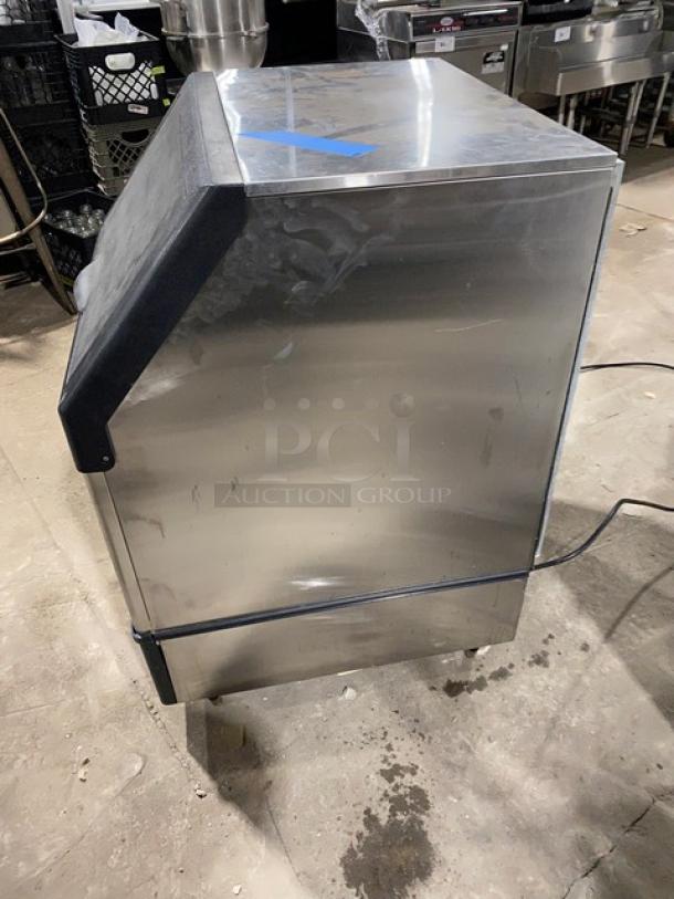 Icetro IU0220AH stainless steel ice machine, electric-powered, air-cooled, undercounter model on legs, in used condition.