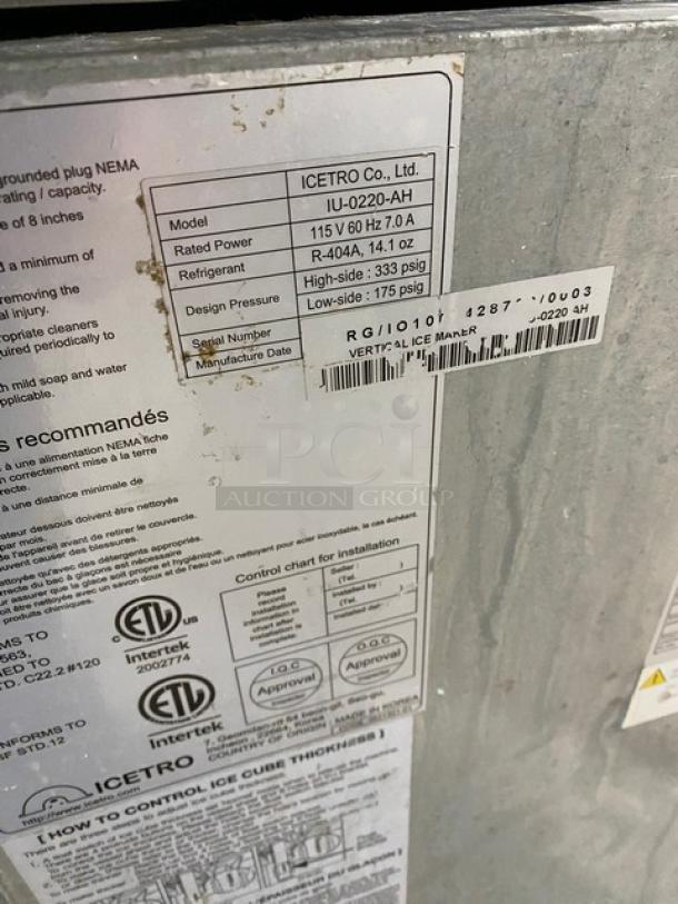Icetro IU0220AH commercial ice machine label showing specs: 115V, R-404A refrigerant, and design pressures.