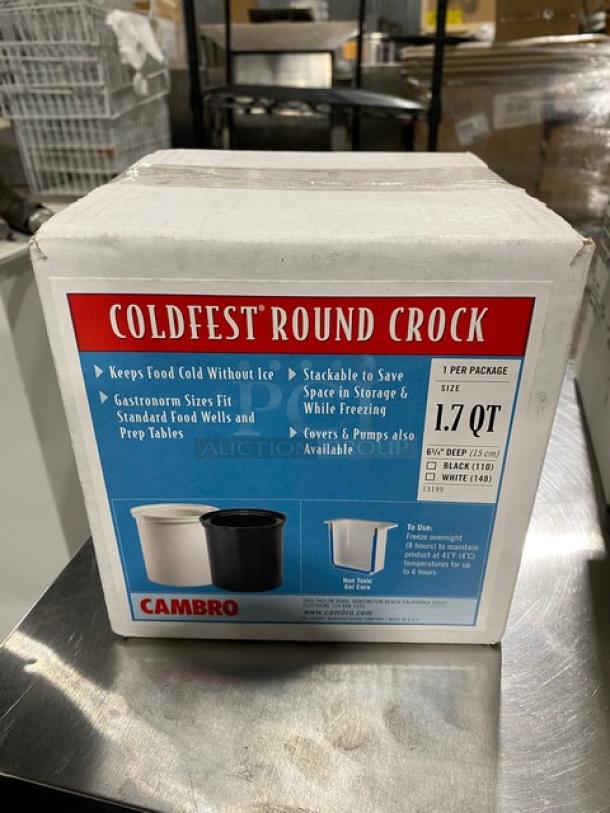 NEW Cambro ColdFest 1.7 Qt. Round White Cold Food Pan/Crock, Model 13199. Packaging highlights features and benefits.