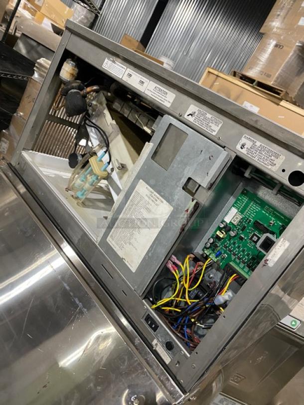 Kold-Draft GT364AC stainless steel ice machine showing internal components, model and voltage labels visible.