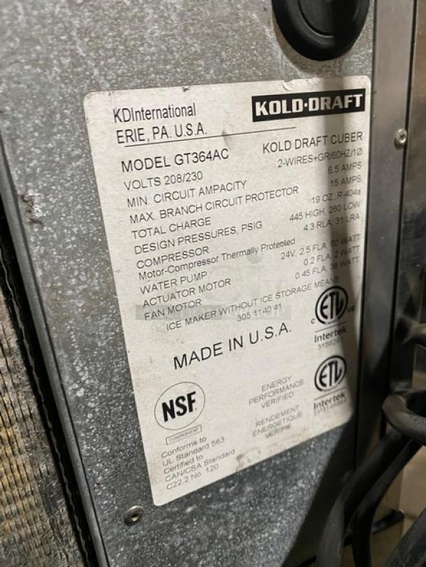 Kold-Draft GT364AC ice machine label with specifications, NSF and ETL certified, 208/230V, 1-phase, made in USA.