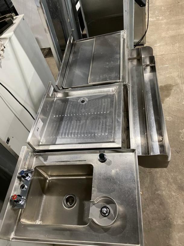 NBR Equipment stainless steel cocktail station with cup washing sink, drain board, sliding top ice bin, and double speed rail. Model: IB-2418/UW-1-1012-1521-TDV.