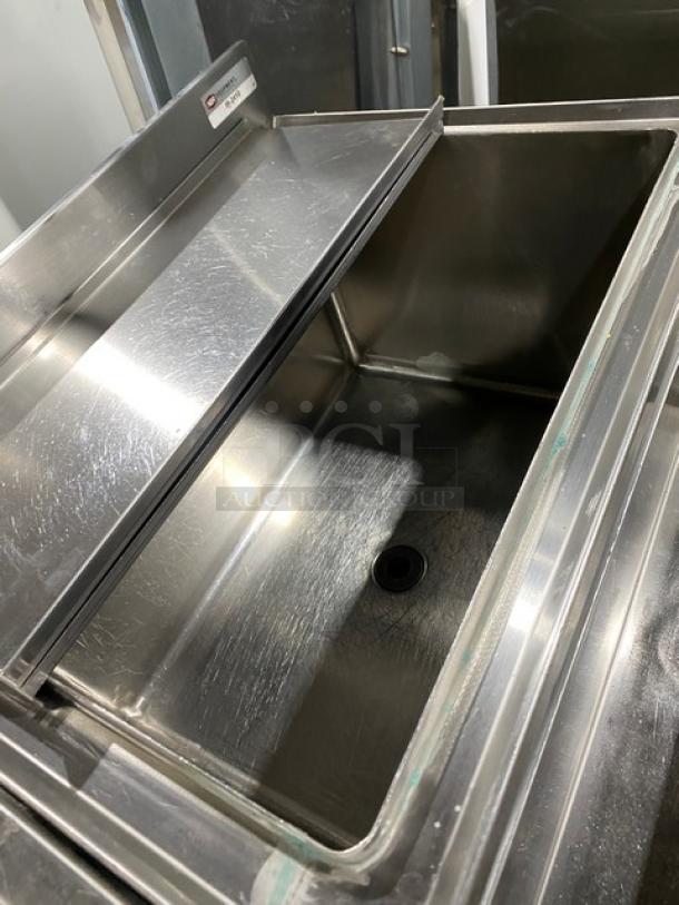 NBR Equipment commercial stainless steel cocktail station with sliding top ice bin, single compartment sink, and double speed rail. Model: IB-2418/UW-1-1012-1521-TDV.