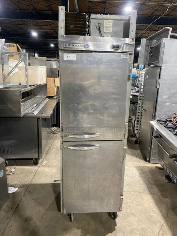 Beverage-Air HR1-1HS commercial refrigerator, stainless steel, half-door, poly coated rack, model HR11HS, on casters.